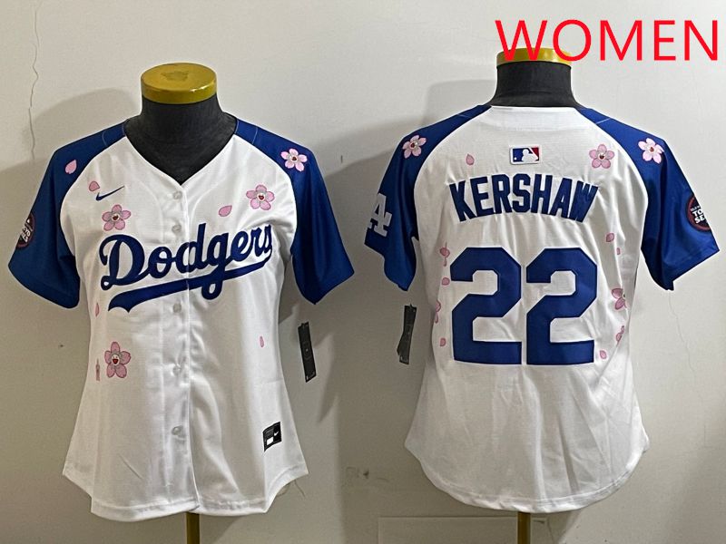Women Los Angeles Dodgers #22 Kershaw White Blue Sakura Edition 2025 Nike MLB Jersey style 1->women mlb jersey->Women Jersey